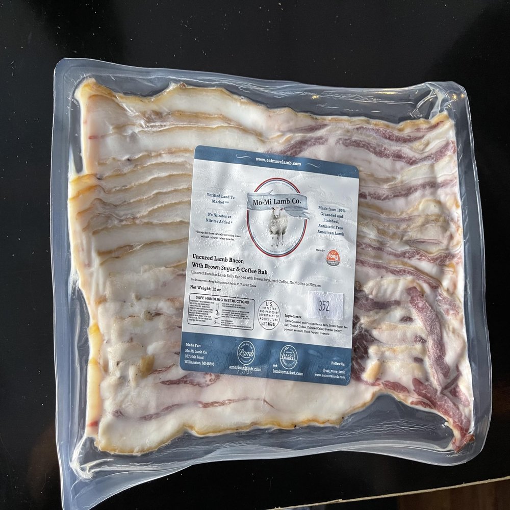 American Lamb Bacon Uncured Smoked Lamb Belly, Brown Sugar and Coffee Rubbed, 100 Percent Grass Fed and Finished, Antibiotic Free Frozen Bacon, 10 Packs of 12 oz Each