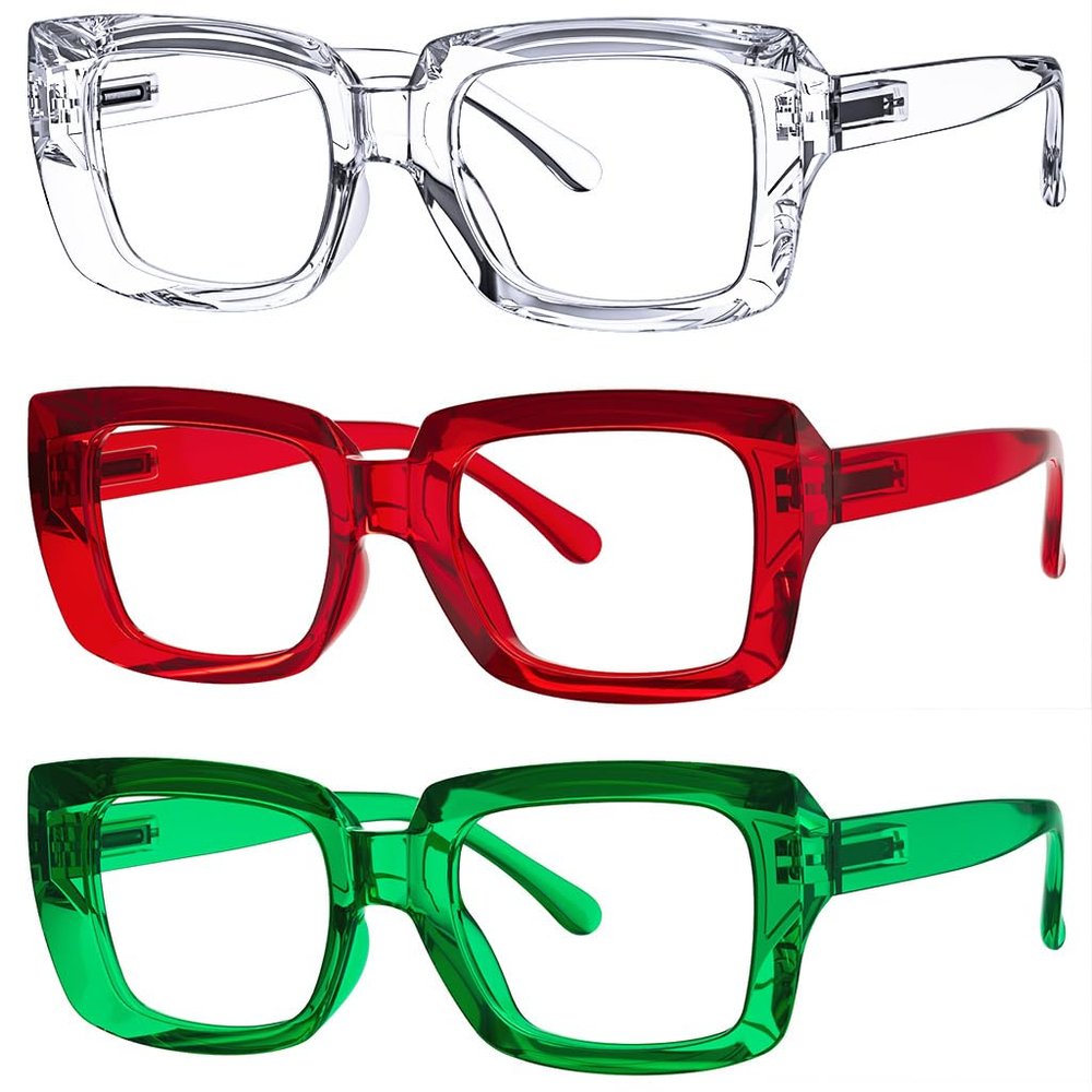 Eyekepper 3 Pack Stylish Reading Glasses Women - Oversized Square Readers (Transparent/Red/Green) +3.00