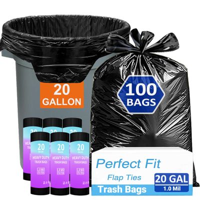 20 Gallon Trash Bags with 4 Innovative Flap Ties 100 Count 1.0 Mil THICK Heavy Duty Compatible with Rubbermaid Brute & Winco & Behrens 20 Gallon Round Trash Can Tear & Leak Resistant