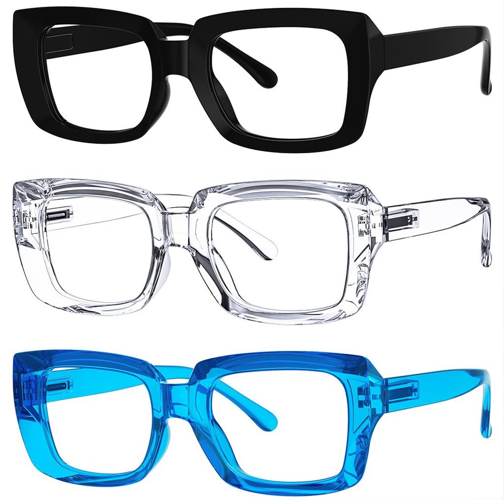 Eyekepper 3 Pack Stylish Eyeglasses Women - Oversized Square Eyewears (Black/Transparent/Blue)