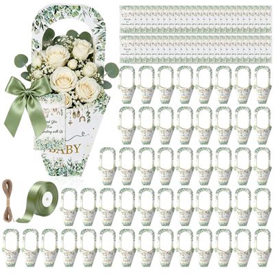 EYNDYN 50 Set Flower Bar Supplies Bouquet Holder Flower Bags for Baby Shower Party with Handle Paper 1 Roll Crafting Ribbon Wrapping Sleeves for Baby Shower Boys Girl's Kid's Birthday Parties