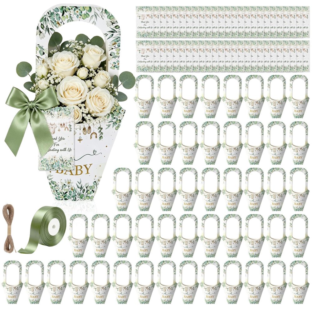 EYNDYN 50 Set Flower Bar Supplies Bouquet Holder Flower Bags for Baby Shower Party with Handle Paper 1 Roll Crafting Ribbon Wrapping Sleeves for Baby Shower Boys Girl's Kid's Birthday Parties