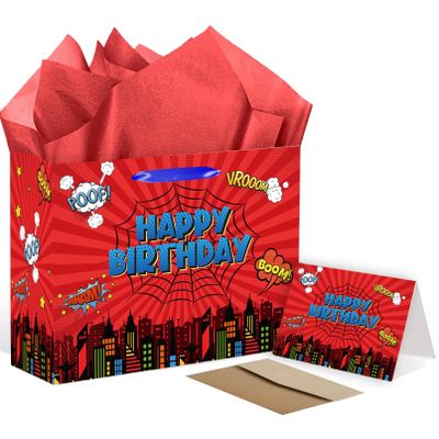SolarGlory Large Spider Birthday Gift Bag with Tissue Paper and Card, Red Spider Web Wrapping Paper Bag for Men, Boys, Girls, Birthday Party Decoration, Halloween, Baby Shower Party Supplies.