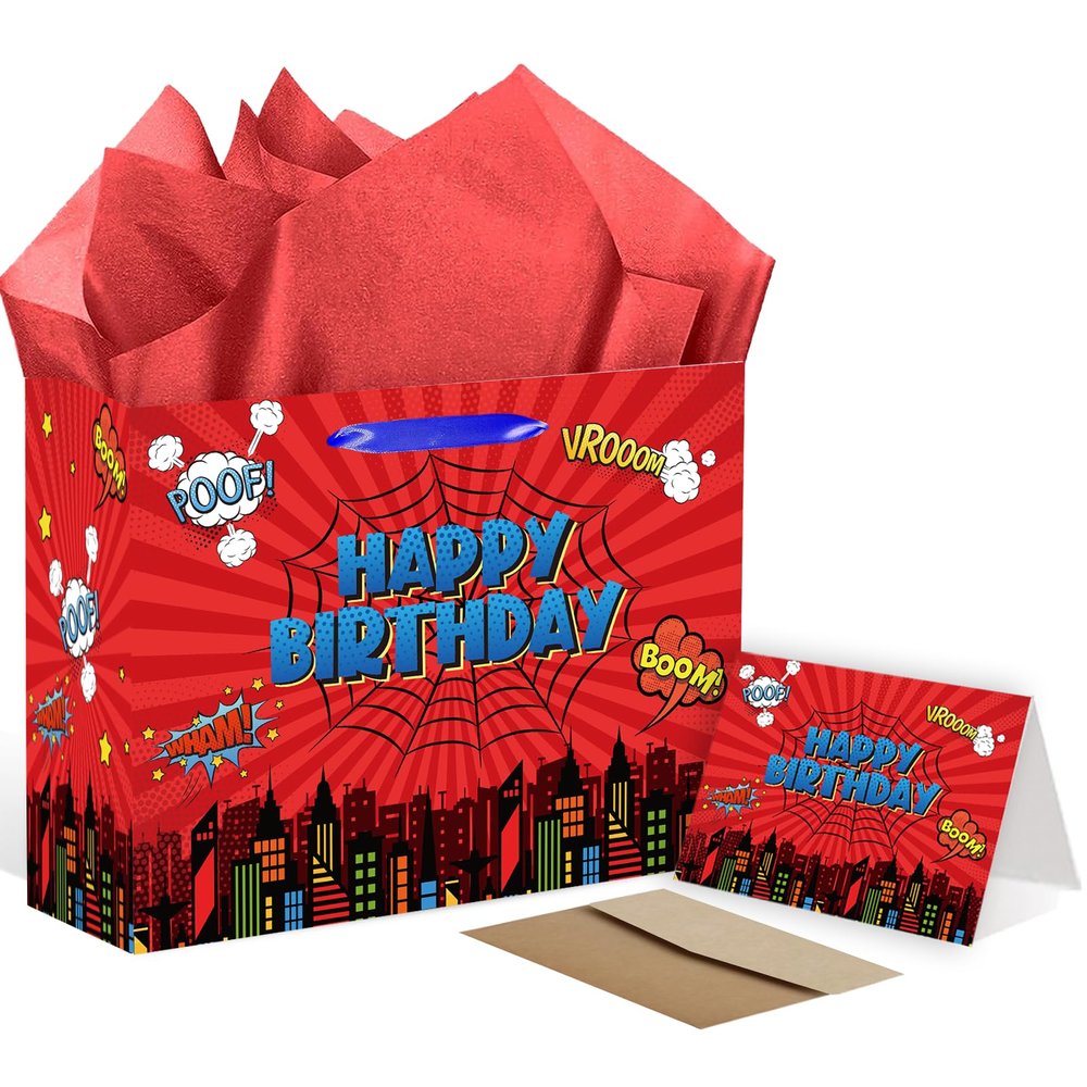 SolarGlory Large Spider Birthday Gift Bag with Tissue Paper and Card, Red Spider Web Wrapping Paper Bag for Men, Boys, Girls, Birthday Party Decoration, Halloween, Baby Shower Party Supplies.