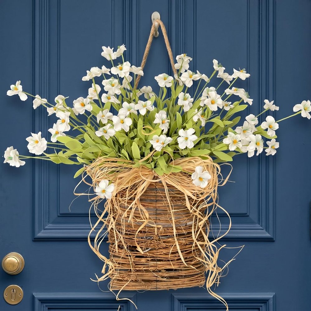 White Daisy Basket Wreath - Primitive Rattan Door Decor with Hand-Tied Burlap Bow, Modern Farmhouse Spring Hanging Basket, Indoor Outdoor Floral Accent for Window, Wall & Wedding