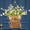White Daisy Basket Wreath - Primitive Rattan Door Decor with Hand-Tied Burlap Bow, Modern Farmhouse Spring Hanging Basket, Indoor Outdoor Floral Accent for Window, Wall & Wedding view 1
