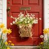White Daisy Basket Wreath - Primitive Rattan Door Decor with Hand-Tied Burlap Bow, Modern Farmhouse Spring Hanging Basket, Indoor Outdoor Floral Accent for Window, Wall & Wedding view 2