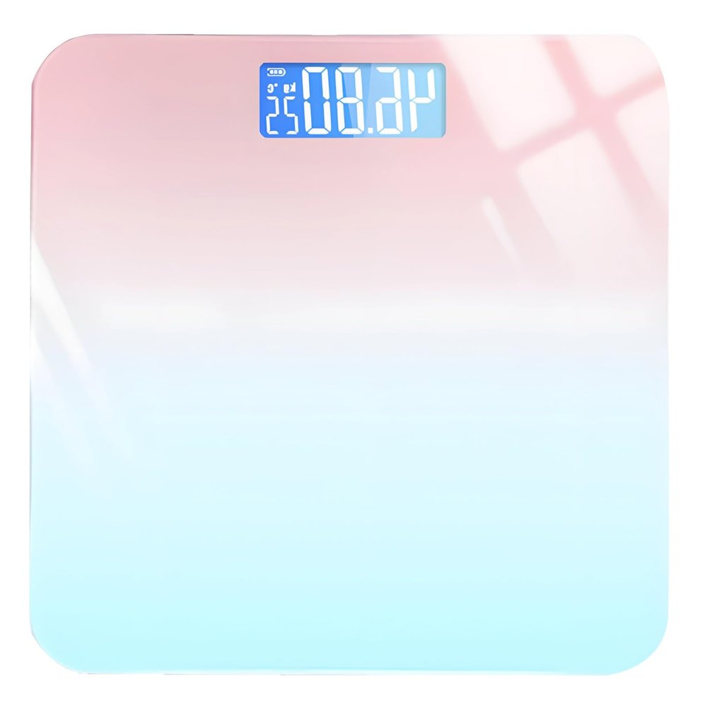 Digital Body Weight Scale, Rechargeable Body Weight Scale with Gradient Pink, Temperature Display, 10.2 in / 26 cm Compact Scale, Round Corner Design, Clear Backlit Numbers for Home, Health Management