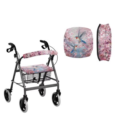 Xarleslyna Hummingbird Print Rollator Seat and Backrest Cover Set Cherry Blossom Walkers Accessories, Pink Bird Printed Senior Washable Covers Dust Proof, Easy Installation