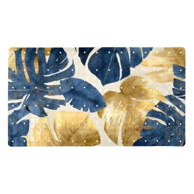 Navy Blue and Golden Tropical Leaves Bath Tub Shower Mat, Non-Slip Bathtub Floor Liner Mats Machine Washable with Suction Cups and Drain Holes, 15.1x26.8 Inch