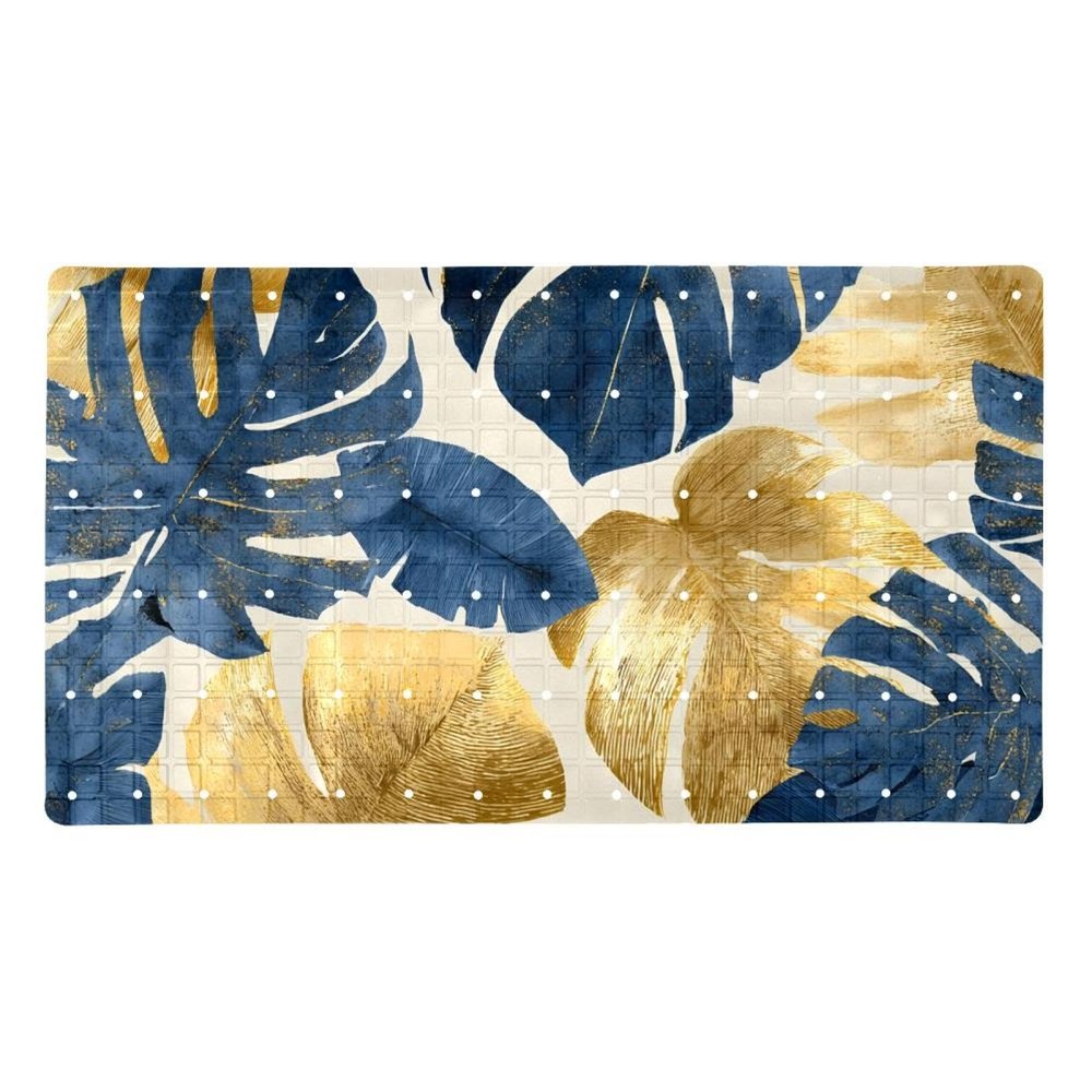 Navy Blue and Golden Tropical Leaves Bath Tub Shower Mat, Non-Slip Bathtub Floor Liner Mats Machine Washable with Suction Cups and Drain Holes, 15.1x26.8 Inch