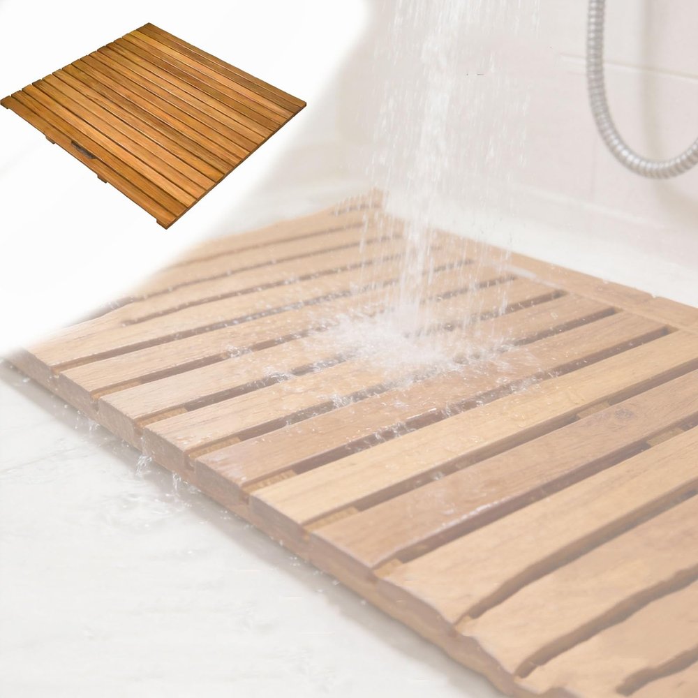 Teak Shower Mat Square, Anti-Skid Wooden Lave Mat for Bathroom Floor/Shower, Width 12 24 36 in Wood Shower Floor Mat for Indoor and Outdoor Use(W L 24in X 36in)