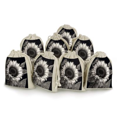 VstaDank 8 Pack Reusable Linen Bags Favor Bag Nice Linen Jewelry Pouches 4.96.7 In Small Sunflower Black Grey Print Burlap Bags Cotton Drawstring Gift Bag for Wedding Party Favor