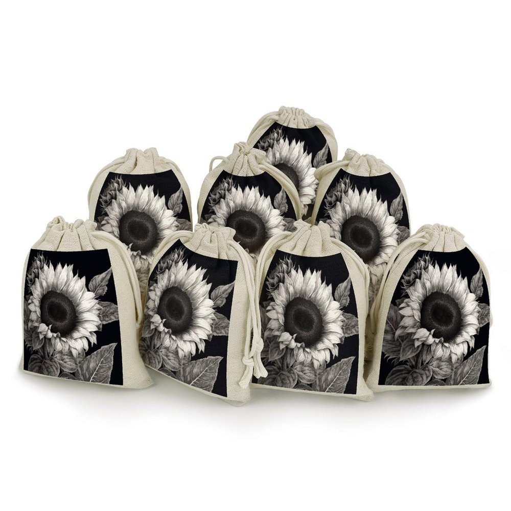 VstaDank 8 Pack Reusable Linen Bags Favor Bag Nice Linen Jewelry Pouches 4.96.7 In Small Sunflower Black Grey Print Burlap Bags Cotton Drawstring Gift Bag for Wedding Party Favor