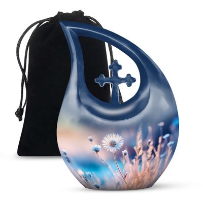 JAGLASH Sunflower Cremation Urns for Adult Ashes Women - Blue Teardrop Memorial Urn for Ashes for Women - Large Funeral Urns for Mom & Dad - Decorative Drop Flower Urn - 10 Inch Gift for Mom