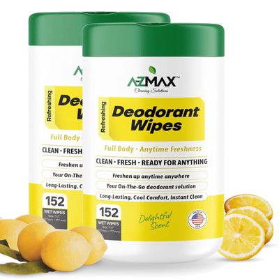 A-Z MAX Deodorant Wipes Sweat & Odor Control for Men & Women | Bulk Whole Body Wipes for Travel Gym Wipe | 152 Count, 2 Pack