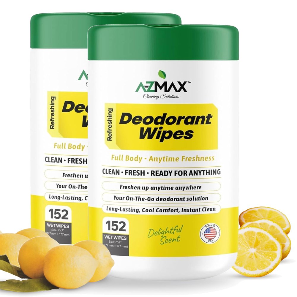 A-Z MAX Deodorant Wipes Sweat & Odor Control for Men & Women | Bulk Whole Body Wipes for Travel Gym Wipe | 152 Count, 2 Pack