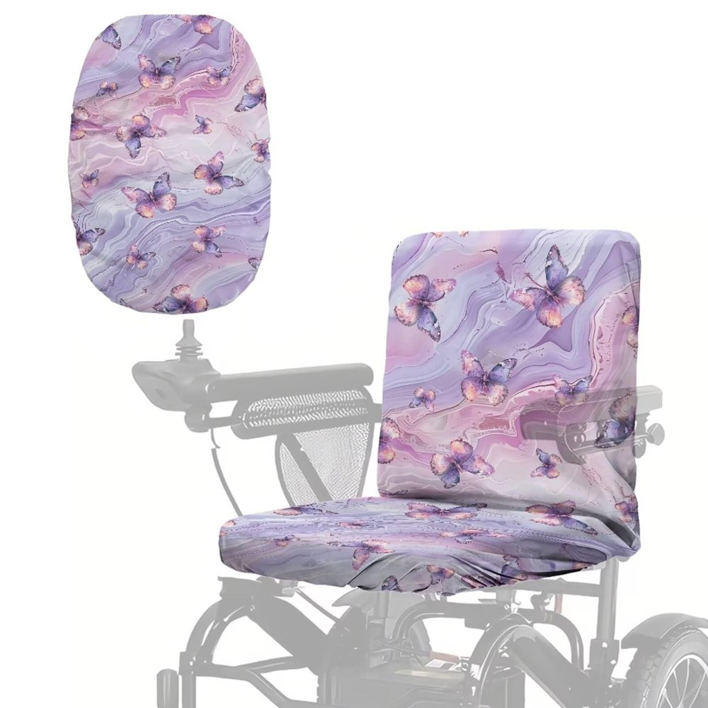 Xorudoydet Pink Butterfly Marble Print Electric Wheelchair Seat Cover, Universal Fit Mobility Scooter Cover Adjustable Buckle Strap Easy to Install Mobility Scooter Accessories