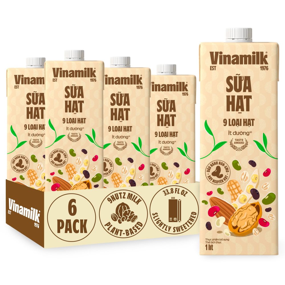 Vinamilk 9 Nutz Plant-Based Milk, Lightly Sweetened, 33.8 Fl Oz, Pack of 6