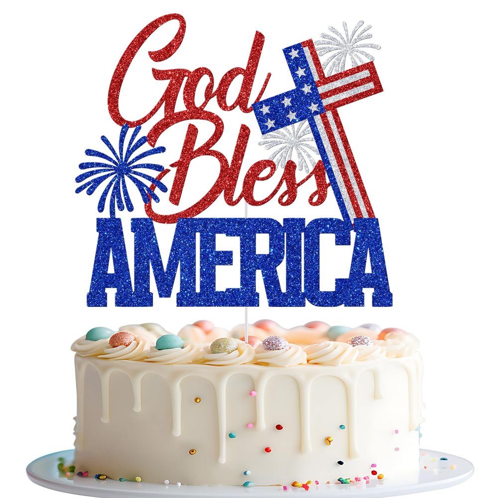 God Bless America Cake Topper, 4th of July Patriotic Party Decor, Happy Birthday USA, Independence Day Memorial Day Patriotic Themed Party Decorations, Red and Blue Glitter