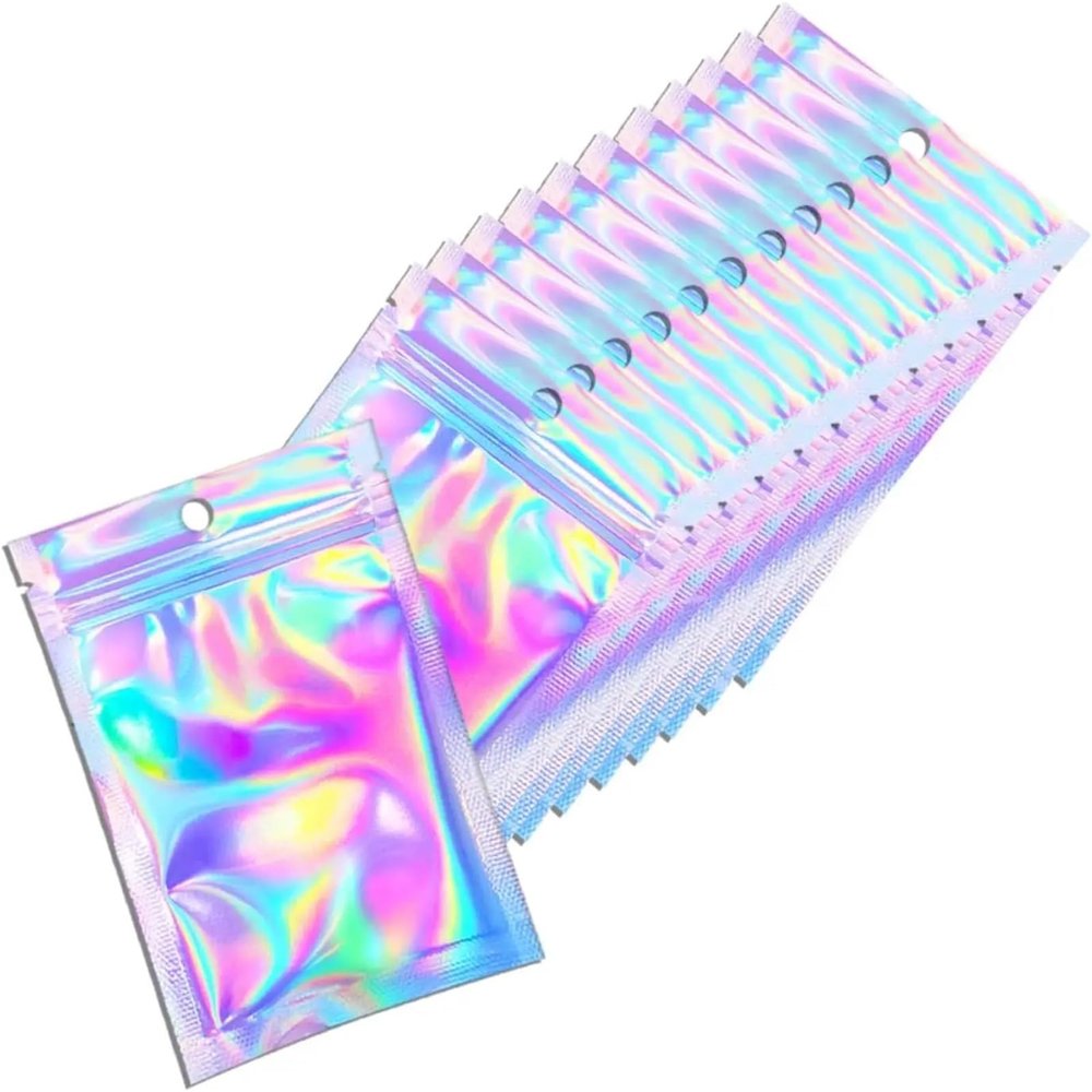 300pcs Holographic Bags Aluminum Plastic Resealable Ziplock Storage Bags Laser Sealing Bags For Gifts Candy Goodies
