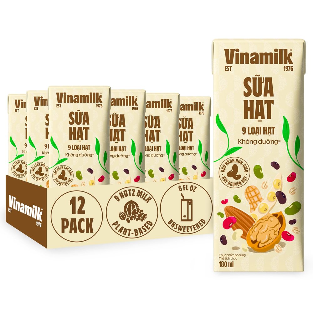 Vinamilk 9 Nutz Plant-Based Milk, Unsweetened, 6 Fl Oz, Pack of 12