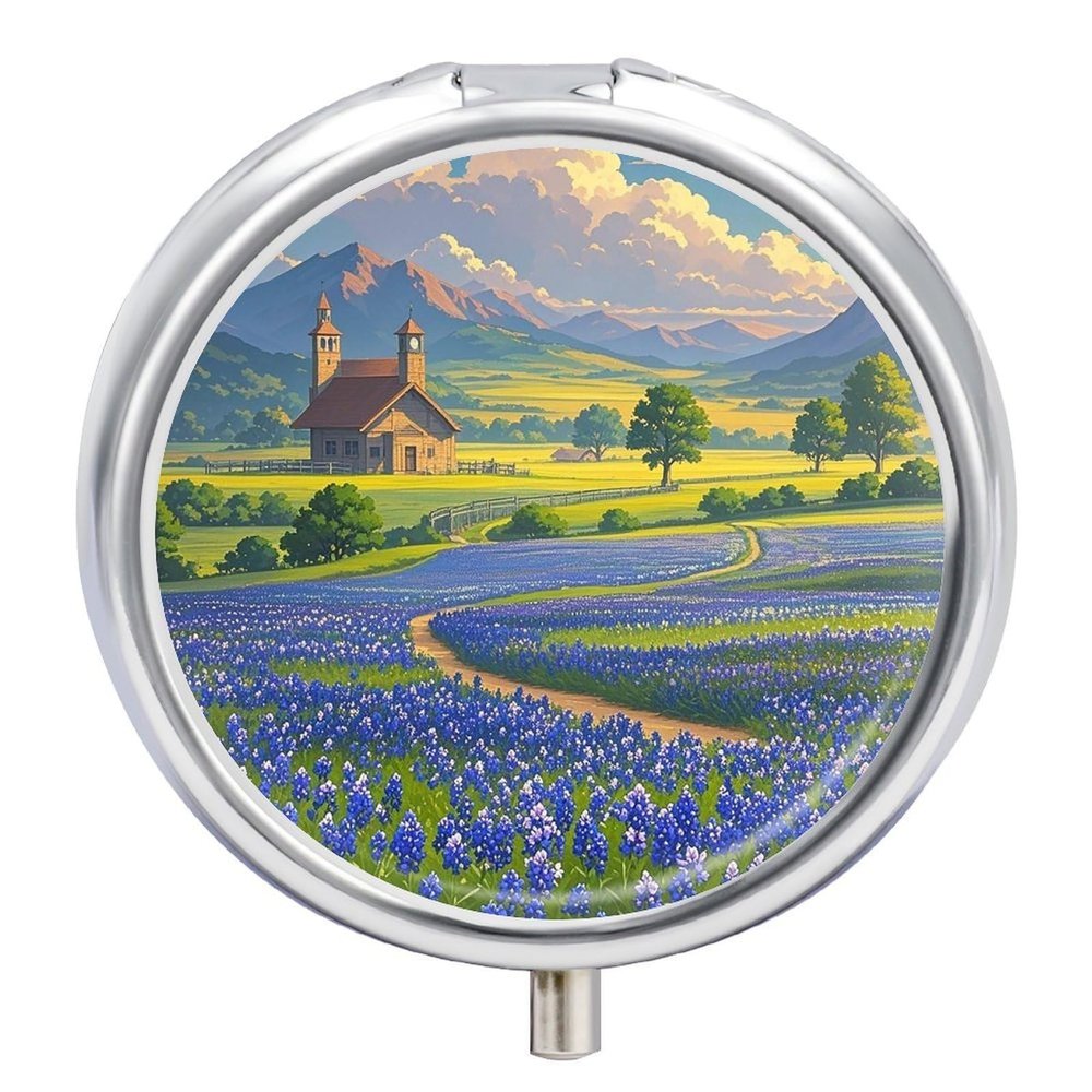 Texas Bluebonnets Scenery Pill Organizer Portable Metal Round Pill Box with 3 Compartments Exquisite Unique Small Pill Case Travel Pill Container Medicine Organizer Box for Adult & Gift