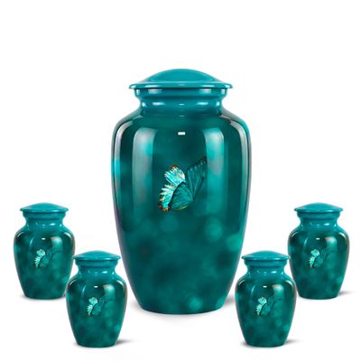 Butterfly Adult Cremation Urn for Men and Women Funeral - Burial Large Keepsake - Insect Theme Urns for Remembrance - Sympathy Gifts (Teal Green, 1 Large 4 Keepsake)