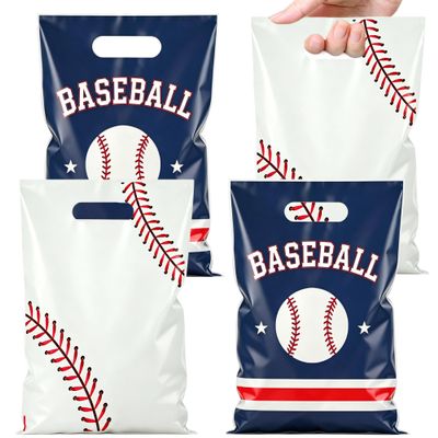 QOIUSO 50PCS Baseball Party Favor Bags - Baseball Goodie Bags with Handles - Plastic Baseball Treat Bag for Birthday Party, Team Snacks, Candy, Gifts & Sports Theme Party Supplies