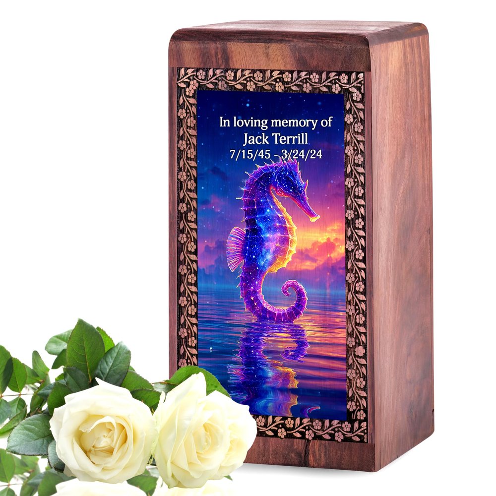 Seahorse Wooden Cremation Urns for Ashes 11.25 Inch - Blue Urn for Ashes Adult Male - Sunset Personalized Funeral Urns - Custom Engraved Cremation Urn - Funeral Gift for Memory