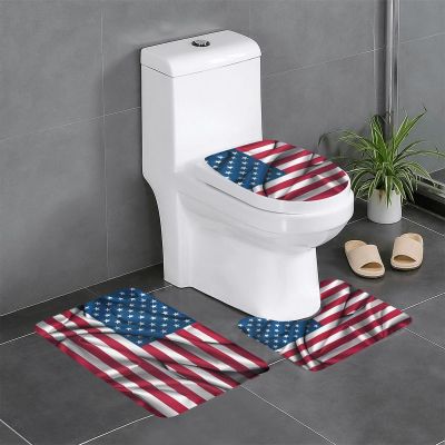 SXZVVBN American Flag Soft Flannel 3 Piece Bath Mat Set, Non-Slip Absorbent Bathroom Rugs with Toilet Lid Cover