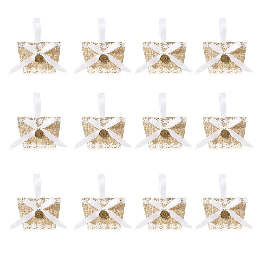 WTWU 12Pieces Linen Wedding Candy Pouches Natural Linen Party Treats Gift Bags Wedding Party Treats Storage Bag Elegant Gift Packaging for Event