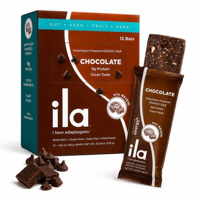 ILA Adaptogen Energy Bar Chocolate, 9g Plant Protein with Reishi & Ashwagandha, Organic Whole-Food Snack, Non-GMO, Gluten-Free, Dairy-Free, Vegan (12 Bars)