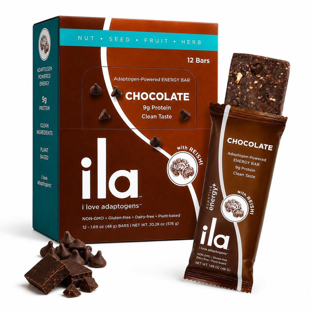 ILA Adaptogen Energy Bar Chocolate, 9g Plant Protein with Reishi & Ashwagandha, Organic Whole-Food Snack, Non-GMO, Gluten-Free, Dairy-Free, Vegan (12 Bars)