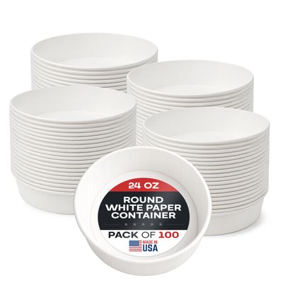 24oz Round White Paper Bowls (100-Pack) - Water & Oil Proof, Disposable