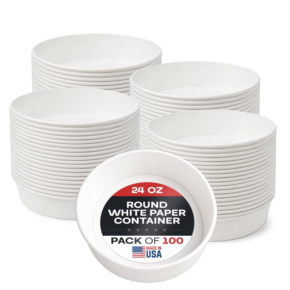 24oz Round White Paper Bowls (100-Pack) - Water & Oil Proof, Disposable