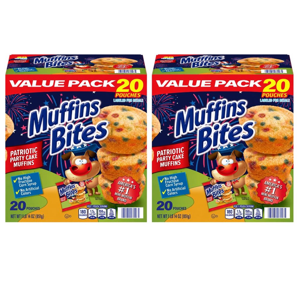 Muffins Bites Patriotic Party Cake Mini Muffins, No High Fructose Corn Syrup, No Artificial Colors, 20 Pouches (2 Pack)