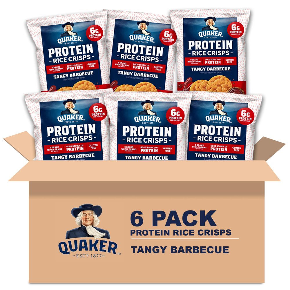 Quaker Protein Mini Rice Cakes, Tangy Barbecue, 6g Protein, Gluten Free, 9g Whole Grains, No Colors from Artificial Sources, No Artificial Flavors, No Preservatives, 2.6 Oz (Pack of 6)