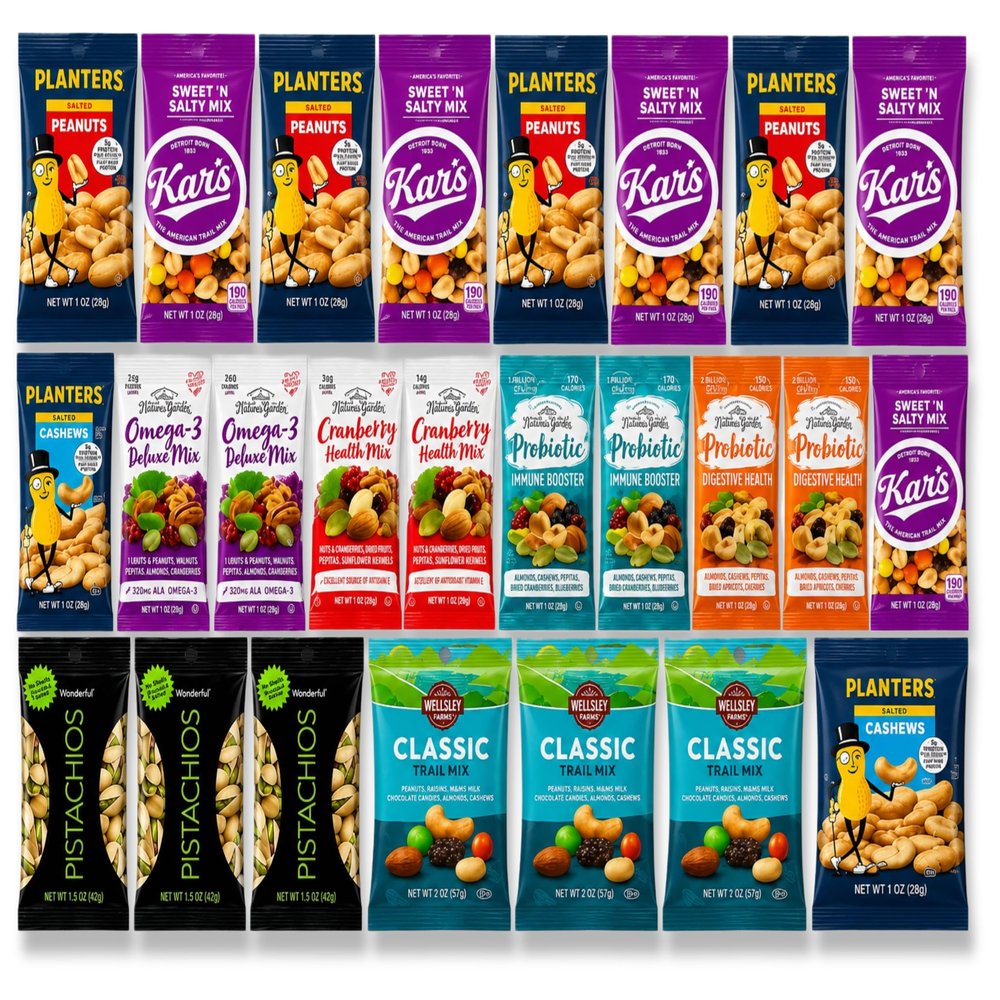 Nut Snack Variety Pack 25 Count Assorted Trail Mix, Peanuts, Cashews, Pistachios & Snack Mix Individually Wrapped Healthy Snacks for Work, School, Office, Travel Custom bundled by MOOCHI