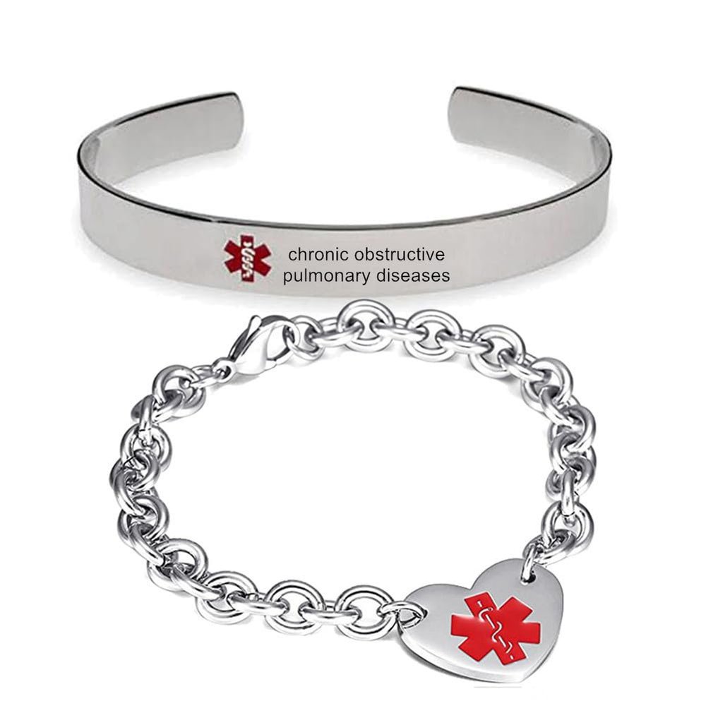 ZKXXJ 2 Pack COPD Medical Alert ID Bracelet for Women - Stainless Steel Engravable Open Cuff Bangle & Heart Chain Identification Bracelets Emergency Health Alert Jewelry