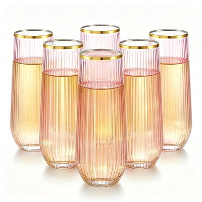 GoletGlas 40 Pack Stemless Plastic Wine Glasses - 14oz Ribbed Disposable Wine Glasses Unbreakable Gold Rim Plastic Cocktail Glasses For Whiskey, Cocktail, Champagne, Parties, Weddings