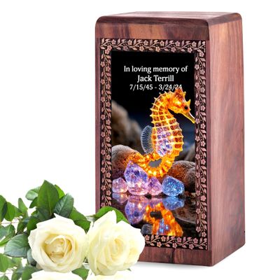 Seahorse Wooden Cremation Urns for Ashes 11.25 Inch - Engraved Wooden Box Large - Black Urn for Ashes Adult Male - Personalized Funeral Urns - Custom Engraved Cremation Urn