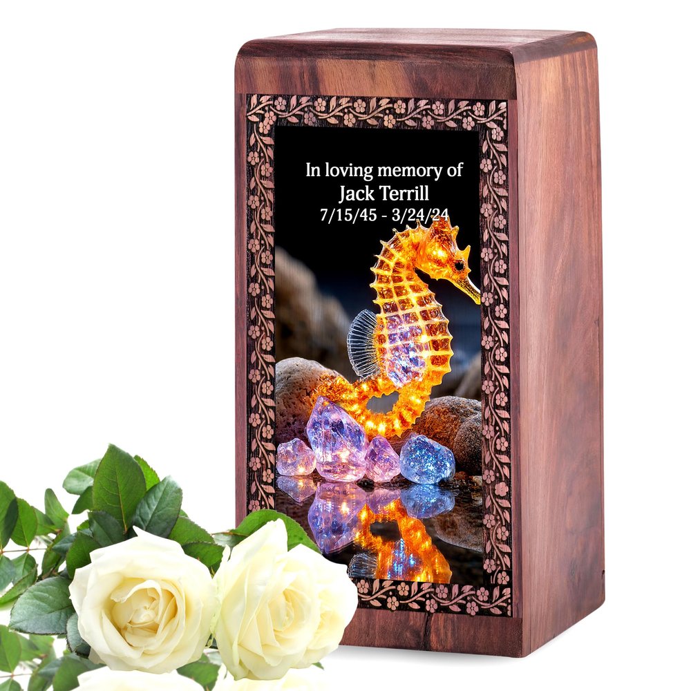 Seahorse Wooden Cremation Urns for Ashes 11.25 Inch - Engraved Wooden Box Large - Black Urn for Ashes Adult Male - Personalized Funeral Urns - Custom Engraved Cremation Urn