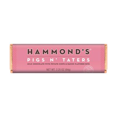 Hammond's Candies Pigs N' Taters Chocolate Bar - Milk Chocolate with Bacon Flavored Pieces & Crunchy Potato Chips - Individually Wrapped Gourmet Chocolate Candy Bars with Salty Candy Bar, 2.25 Oz