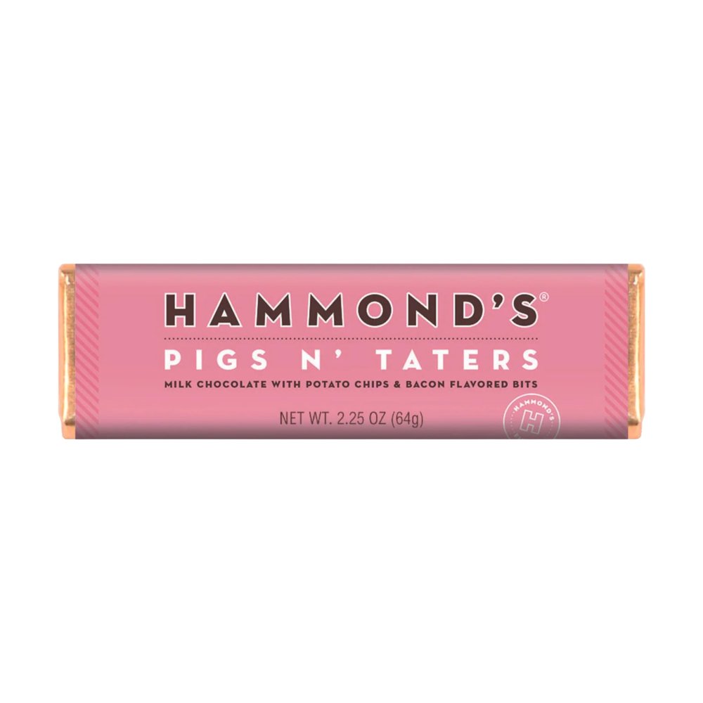 Hammond's Candies Pigs N' Taters Chocolate Bar - Milk Chocolate with Bacon Flavored Pieces & Crunchy Potato Chips - Individually Wrapped Gourmet Chocolate Candy Bars with Salty Candy Bar, 2.25 Oz