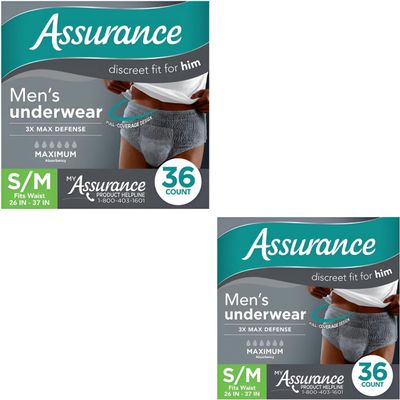LUGBAR Assurance Men's Incontinence Underwear, S/M, Maximum Absorbency (36 Count) Pack of 2