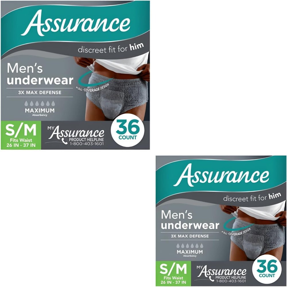 LUGBAR Assurance Men's Incontinence Underwear, S/M, Maximum Absorbency (36 Count) Pack of 2