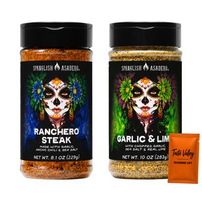 Spanglsh Asadro Seasoning Variety Pack, Garlic & Lime Seasoning 10 oz and Ranchero Steak Seasoning 8.1 oz, + Bonus Taste Valley Gift