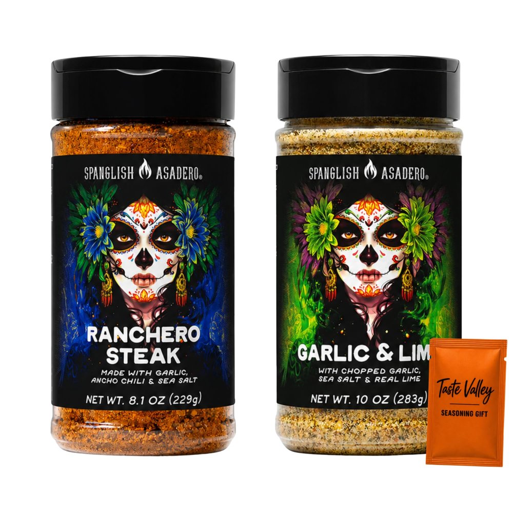 Spanglsh Asadro Seasoning Variety Pack, Garlic & Lime Seasoning 10 oz and Ranchero Steak Seasoning 8.1 oz, + Bonus Taste Valley Gift