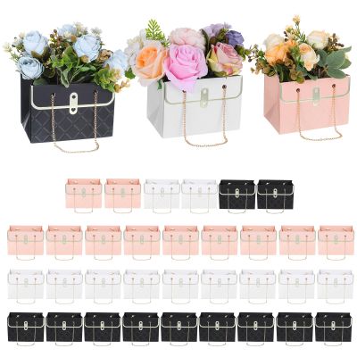Limbeuuu 36 Pack Flower Bag Bulk, Small Paper Gift Bags with Metal Chain Handles, Rectangle Bouquet Carrier for Wedding, Birthday, 5.9x3.9x4.3 Inch Three Colors